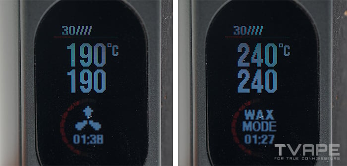 AirVape Legacy Pro 2 Vaporizer – LED-Display, das die aktuelle Temperatureinstellung, den Session-Timer und den Wax-/Kräutermodus anzeigt