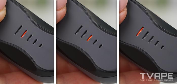 AirVape XS Go Vaporizer – Nahaufnahme der LED-Indikatoren, die die Temperatureinstellungen anzeigen