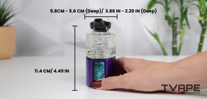 Abmessungen des elektrischen E-Rigs „Davinci EQ“ – 9,8 cm × 5,6 cm (Tiefe) – Größentabelle