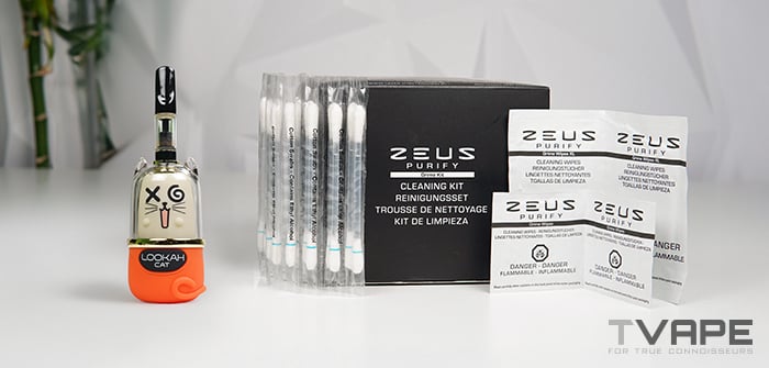 Der Lookah Cat 510-Gewinde-Akku wird zusammen mit dem Zeus Purify-Reinigungsset gezeigt.