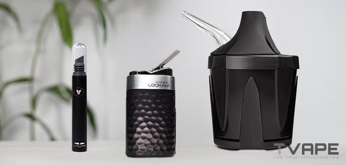Der Lookah Python Konzentrat-Vaporizer wird zusammen mit Zeus Iceborn zur Dampfkühlung und dem Utillian Hot Wax Axe Dab Tool zum bequemen Einfüllen von Konzentraten gezeigt.