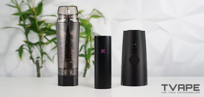 Der Pax 4 Vaporizer wird zusammen mit den Zeus Xtruder- und Zeus Xtruder E-Module-Grinder gezeigt