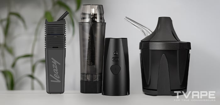 Der Veazy Vaporizer wird zusammen mit dem Zeus Iceborn und dem Zeus Xtruder E-Module gezeigt – Zubehör für Kräuter-Vaporizer, das dabei hilft, die Kräuter automatisch zu zerkleinern und den Dampf zu kühlen.