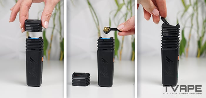 Bedienungsvorgang mit dem Veazy Vaporizer von Storz and Bickel – Einfüllen von trockenen Kräutern in die Heizkammer