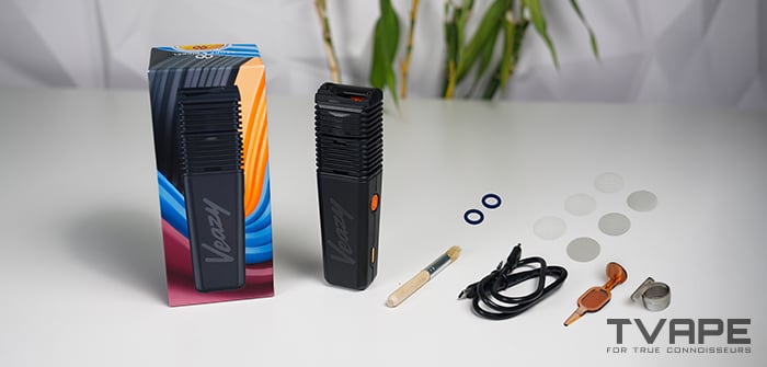 Veazy Vaporizer – ein Kräuter-Vaporizer von Storz & Bickel wird mit dem gesamten Lieferumfang gezeigt.