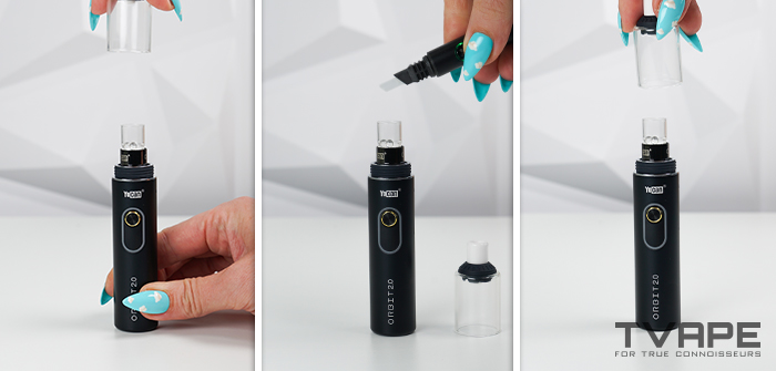 Der Yocan Orbit 2.0 in drei Schritten: Entfernen des Glasmundstücks, Einfüllen von Wachs mit einem Utillian Hot Axe und Wiederaufsetzen des Mundstücks.