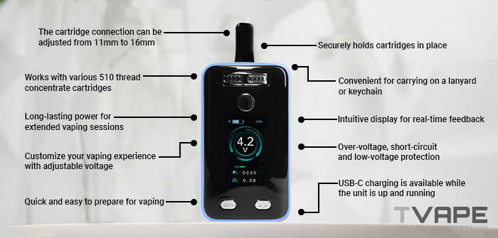 Yocan Uni 3.0 510 Gewinde Akku mit den wichtigsten Funktionen auf dem Bildschirm geschrieben