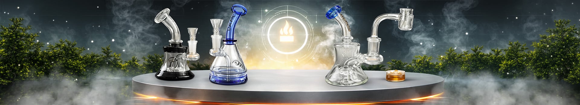 Sammlung von Glas-Dab-Rigs mit Quarz-Bangern zum Dabben von Konzentraten