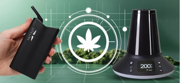 Utillian 723 Cannabis-Vaporizer neben Arizer XQ2 Tisch-Vaporizer mit digitaler 200 °C Anzeige vor modernem grünem Hintergrund