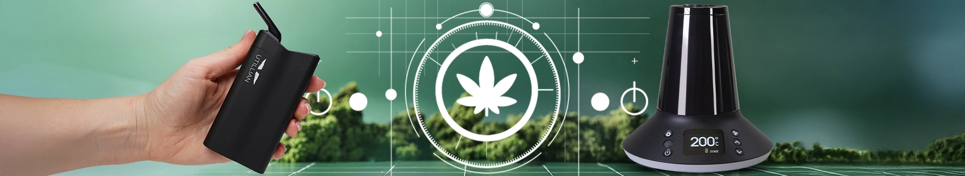 Utillian 723 Cannabis-Vaporizer neben Arizer XQ2 Tisch-Vaporizer mit digitaler 200 °C Anzeige vor modernem grünem Hintergrund