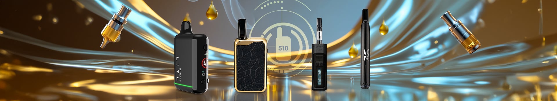 Auswahl an Akkus mit 510er Gewinde, darunter Litl Sneaky, Zeus Ion, Tronian Rhotron Pro und Utillian 50 vor goldenem Hintergrund