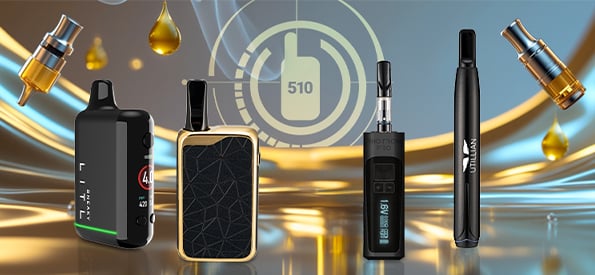 Auswahl an Akkus mit 510er Gewinde, darunter Litl Sneaky, Zeus Ion, Tronian Rhotron Pro und Utillian 50 vor goldenem Hintergrund