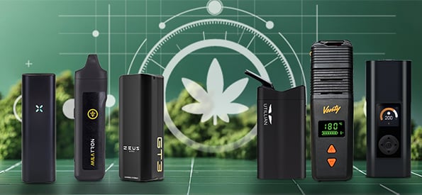 Tragbare Vaporizer für Kräuter, darunter Pax Flow, Tronian Milatron, Zeus Arc GT3, Utillian 723, Venty Vaporizer und Arizer Solo 3, kompakte Verdampfer für Verdampfen unterwegs, vor grünem Hintergrund präsentiert