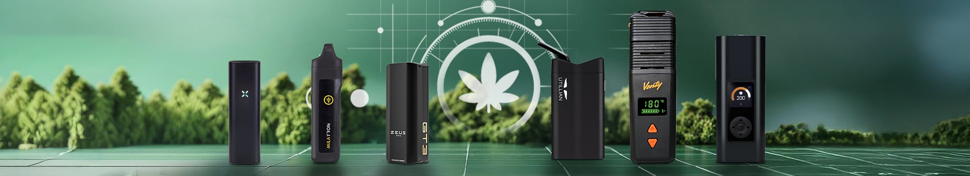 Tragbare Vaporizer für Kräuter, darunter Pax Flow, Tronian Milatron, Zeus Arc GT3, Utillian 723, Venty Vaporizer und Arizer Solo 3, kompakte Verdampfer für Verdampfen unterwegs, vor grünem Hintergrund präsentiert