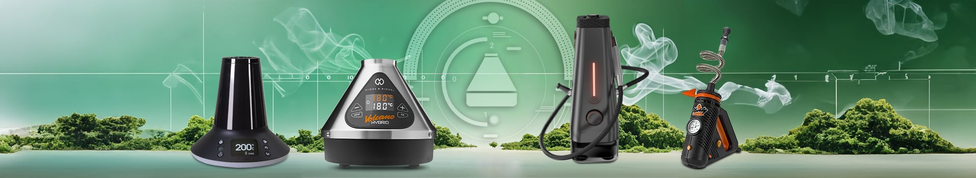 Tisch-Vaporizer für Kräuter, darunter Arizer XQ2 mit Ballon- und Schlauchsystem, Volcano Hybrid mit zwei Inhalationsmodi, AirVape Enso Shisha im Hookah-Stil und Storz & Bickel Plenty tragbarer Stationäre-Vaporizer, mit Konvektionsheizung und präziser Temperatursteuerung