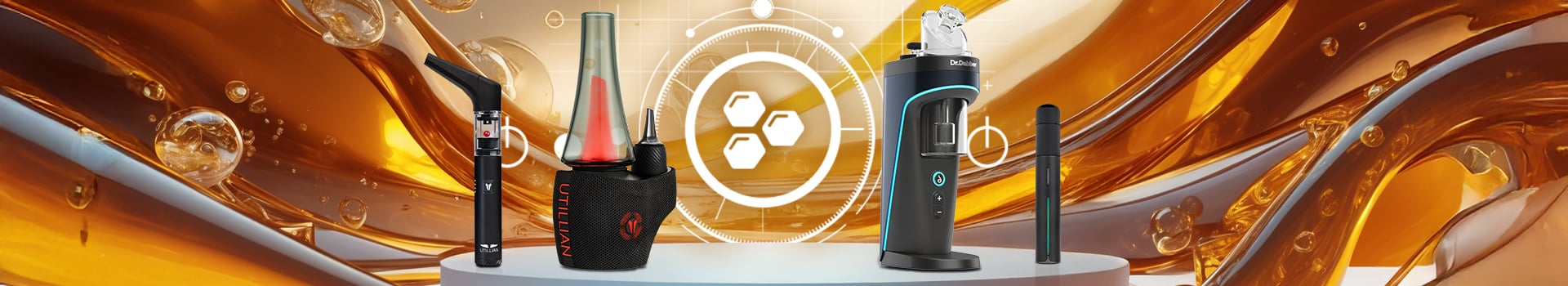 Hochwertige Vaporizer für Konzentrate und Wax, darunter Utillian 6 Dab Pen, Utillian 8 Dab Rig, Dr. Dabber Switch 2 E Rig und Puffco Pivot Dab Pen vor goldenem Hintergrund