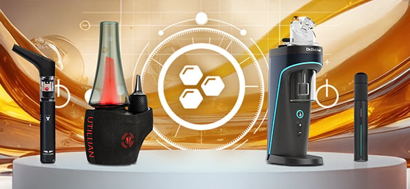 Hochwertige Vaporizer für Konzentrate und Wax, darunter Utillian 6 Dab Pen, Utillian 8 Dab Rig, Dr. Dabber Switch 2 E Rig und Puffco Pivot Dab Pen vor goldenem Hintergrund