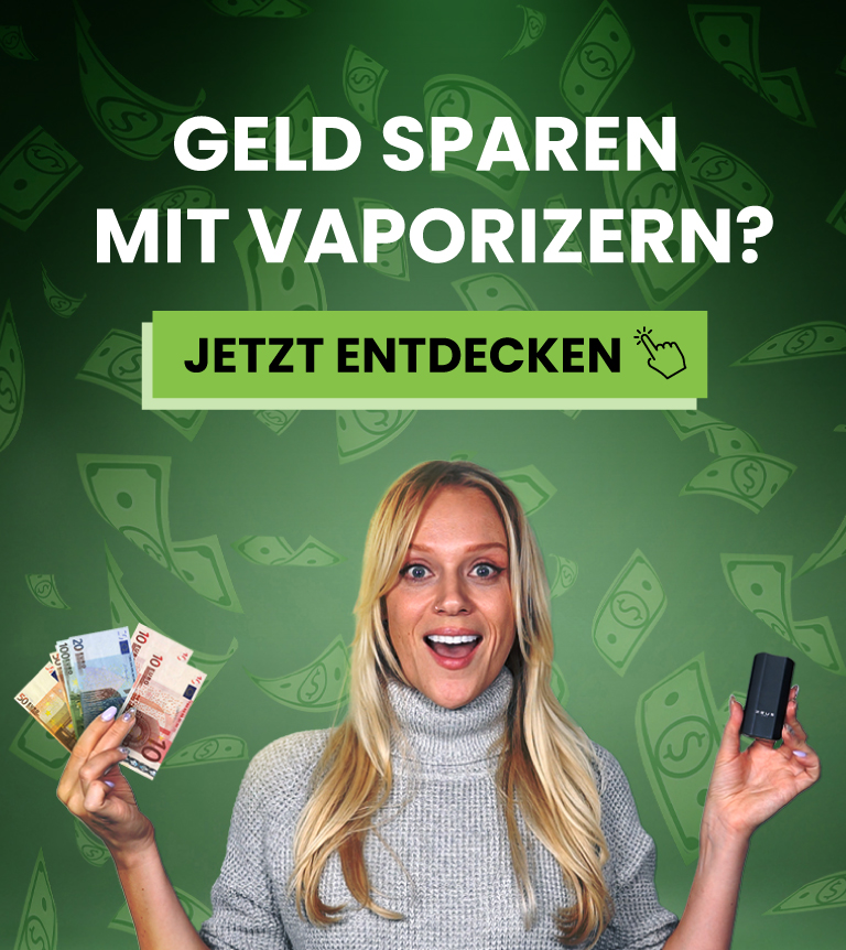 Lächelnde Frau mit Vape und Geld - Günstige Kräuter-Vaporizer.