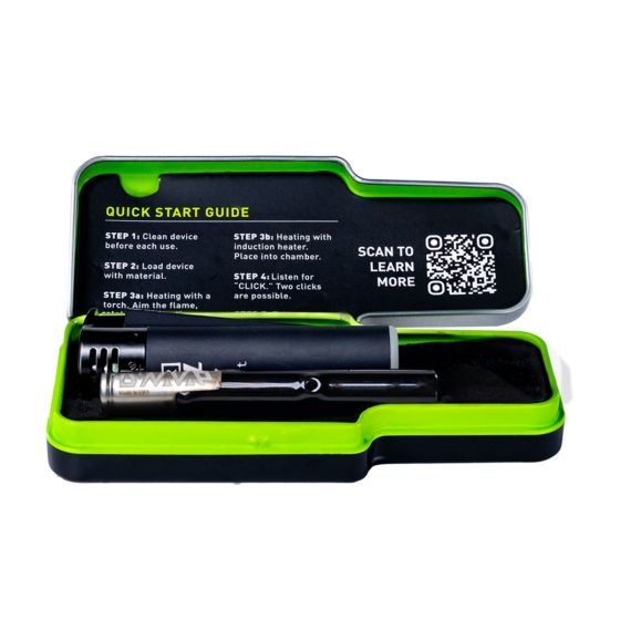 DynaVap G3 Vaporizer-Set in offener Hülle, mit Edelstahlkomponenten für das tragbare Verdampfen von trockenen Kräutern – ideal für Cannabis-Liebhaber.