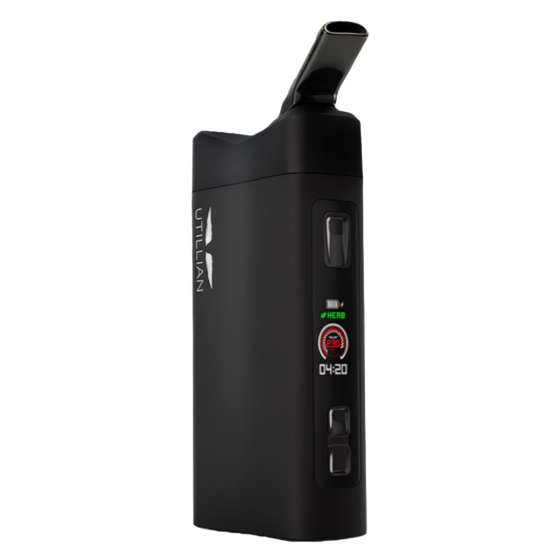 Der Utillian 850 Kräuter-Vaporizer, gezeigt von vorne, von der Seite und von hinten, mit den Hauptfeatures: Dual-Core-Heizsystem, Gold-Sink-Technologie, Farb-LCD-Display, 2-in-1-Kompatibilität, starker Luftstromregler und 25-Sekunden-Aufheizzeit