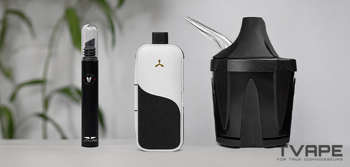 Der AirVape Legacy Core Vaporizer wird zusammen mit dem Utillian Hot Wax Axe für schnelles und effizientes Einfüllen von Konzentraten sowie dem Zeus Iceborn für kühleren Dampf gezeigt