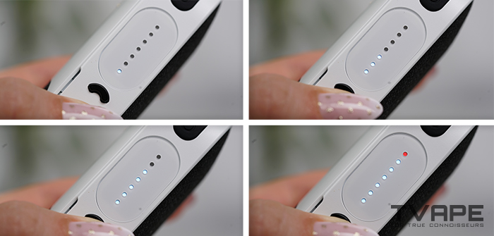 AirVape Legacy Core Cannabis-Vaporizer – eine Nahaufnahme der LED-Indikatoren, die die Temperatureinstellungen anzeigen