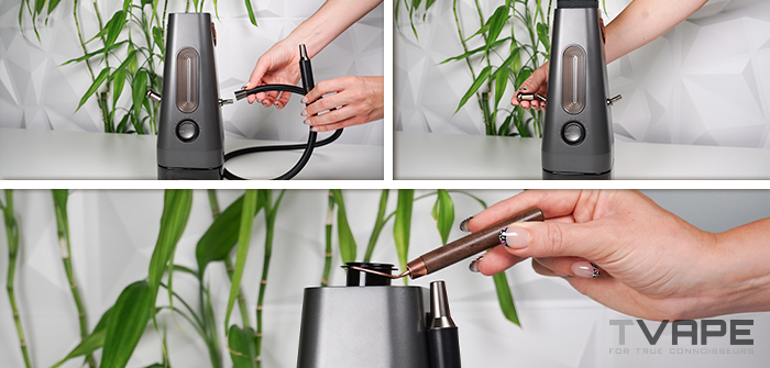 Eine dreiteilige Collage, die zeigt, wie der AirVape Enso 2026-Dampfschlauch magnetisch am seitlichen Anschluss befestigt und das neu gestaltete Mundstück aus Edelstahl in das Gerät eingesetzt wird