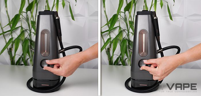 Zwei nebeneinander angeordnete Ansichten einer Hand, die den Temperaturregler am AirVape Enso dreht, wobei die vordere LED-Leuchtleiste mit steigender Temperatureinstellung heller leuchtet