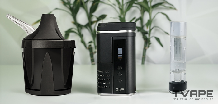 Der Arizer Go SRT Vaporizer wird zusammen mit dem Zeus Iceborn und dem Utillian Bubbler zur zusätzlichen Dampfkühlung gezeigt