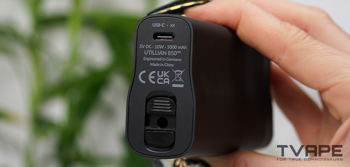 Utillian 850 Vaporizer in Schwarz mit Farbdisplay und geöffnetem Mundstück