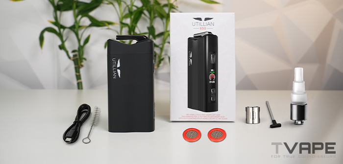 Vollständiges Set des Utillian 850 Vaporizers mit Zubehör inklusive Waxbehälter, Sieben, Reinigungsbürste und USB-Kabel