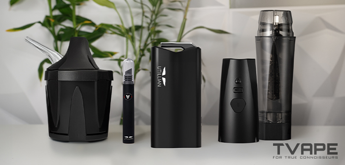 Utillian 850 Vaporizer mit kompatiblem Zubehör: Zeus Iceborn Dampfkühler, Utillian Hot Wax Axe Dab-Tool, Zeus Xtruder Kräutermühle und Xtruder E-Module