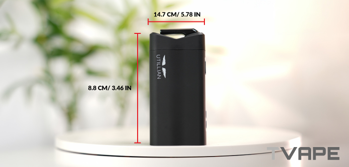 Abmessungen des Utillian 850 Vaporizers – 14,7 cm Höhe und 8,8 cm Breite
