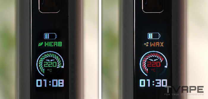 Farbiges LCD-Display des tragbaren Utillian 850 Vaporizers zeigt die Wax-Modus-Temperatur von 220 °C während einer Session