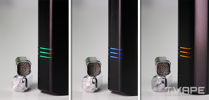 Zeus Arc S2 – Bilder nebeneinander von den verschiedenen LED-Anzeigen, die die Temperatureinstellungen in zwei verschiedenen Modi zeigen.