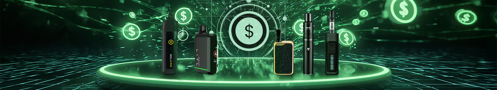 Günstige Vaporizer unter 100 €, darunter Tronian Milatron, Litl Sneaky, Zeus Ion, Utillian 5 und Tronian Rhotron Pro, vor leuchtendem grünem Hintergrund