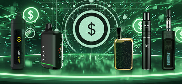 Günstige Vaporizer unter 100 €, darunter Tronian Milatron, Litl Sneaky, Zeus Ion, Utillian 5 und Tronian Rhotron Pro, vor leuchtendem grünem Hintergrund